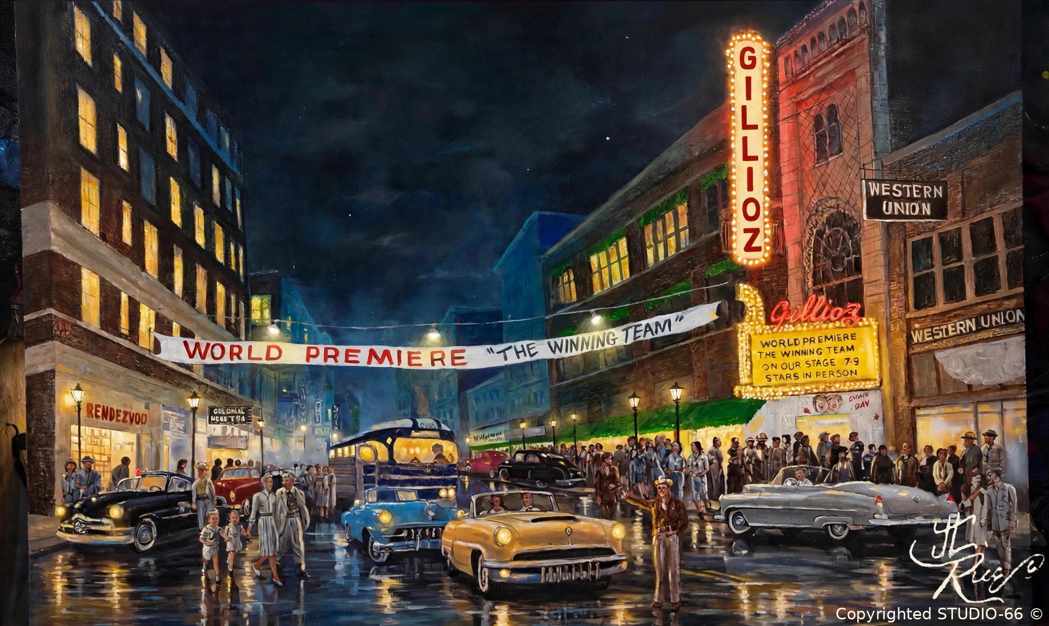 The Gillioz Theatre at night — World Premiere of 'The Winning Team', painted by Jerry Rice